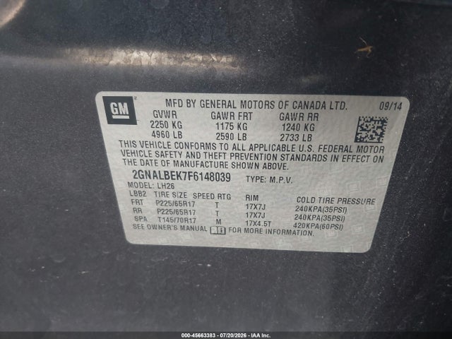 Chevrolet EQUINOX LT 2015 2GNALBEK7F6148039 Image 9