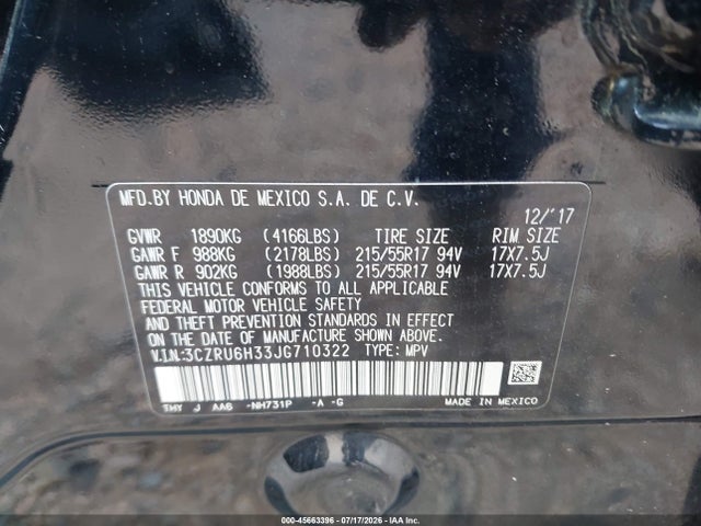 45663396 :رقم المزاد ، 3CZRU6H33JG710322 vin ، 2018 Honda Hr-v Lx مزاد بيع