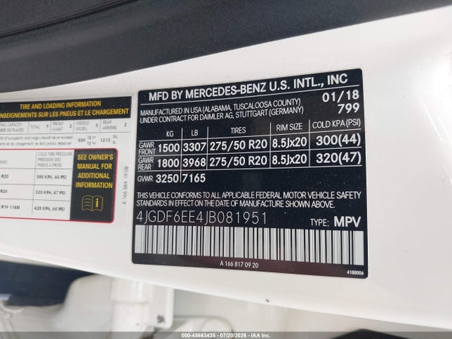 Aukcja sprzedaży 2018 Mercedes-benz Gls 450 4matic, vin: 4JGDF6EE4JB081951, numer aukcji: 45663435