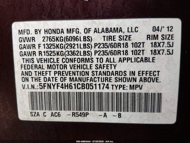 45663444 :رقم المزاد ، 5FNYF4H61CB051174 vin ، 2012 Honda Pilot Ex-l مزاد بيع