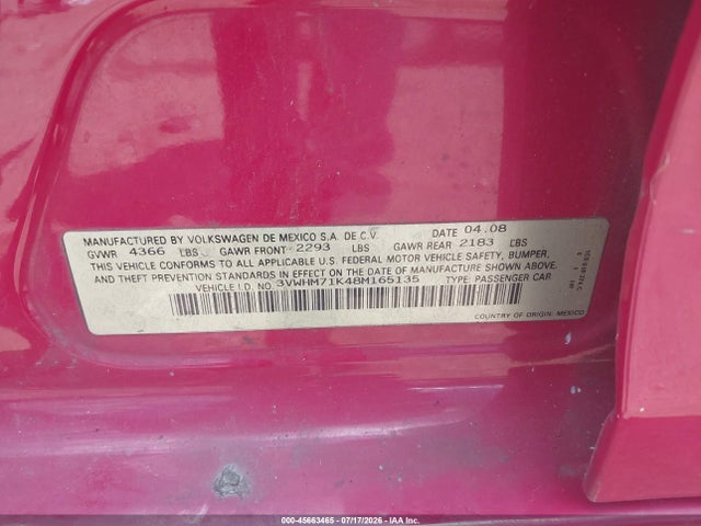 45663465 :رقم المزاد ، 3VWHM71K48M165135 vin ، 2008 Volkswagen Jetta S مزاد بيع