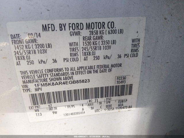 45663471 :رقم المزاد ، 1FM5K8AR4EGB85823 vin ، 2014 Ford Utility Police Interceptor مزاد بيع