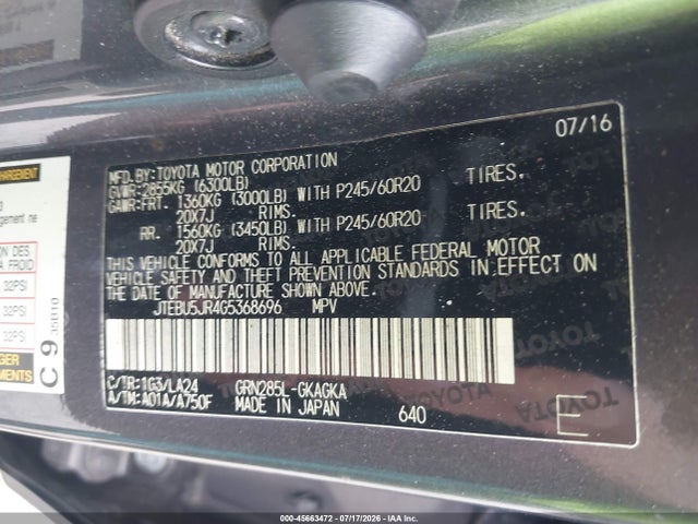 2016 Toyota 4runner Limited მანქანა იყიდება აუქციონზე, vin: JTEBU5JR4G5368696, აუქციონის ნომერი: 45663472