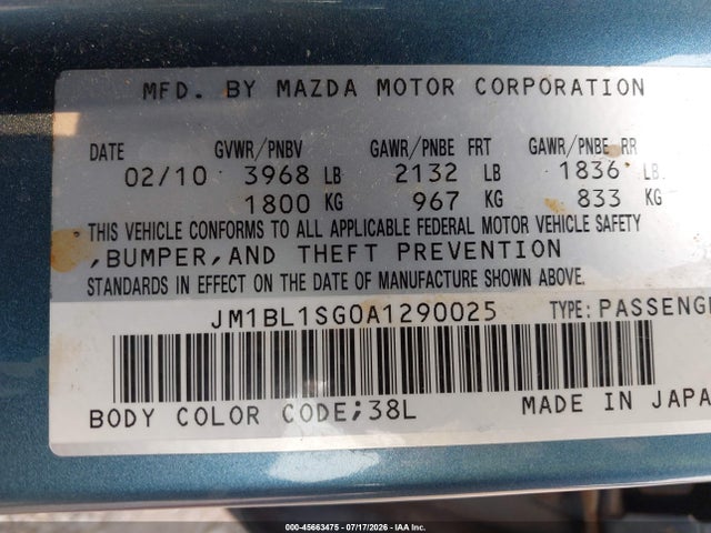 Auction sale of the 2010 Mazda Mazda3 I Touring, vin: JM1BL1SG0A1290025, lot number: 45663475