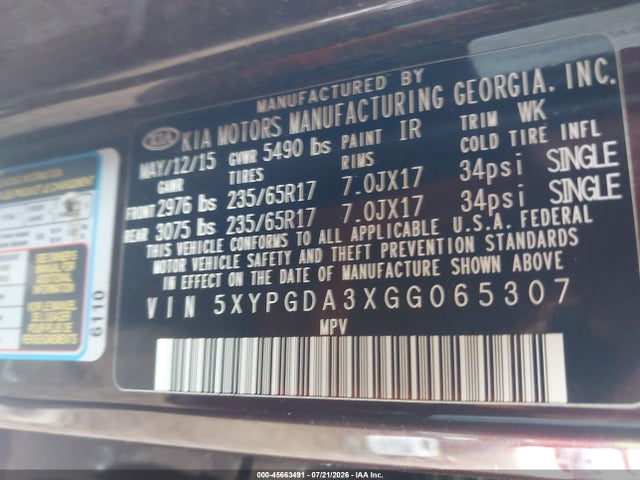 5XYPGDA3XGG065307 KIA Sorento 2.4l Lx