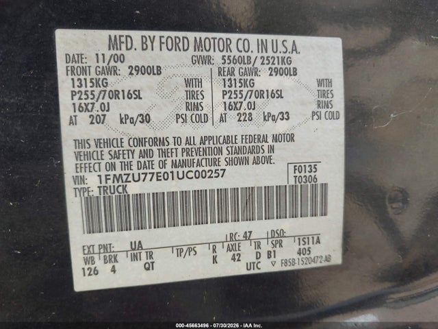 45663496 :رقم المزاد ، 1FMZU77E01UC00257 vin ، 2001 Ford Explorer Sport Trac مزاد بيع