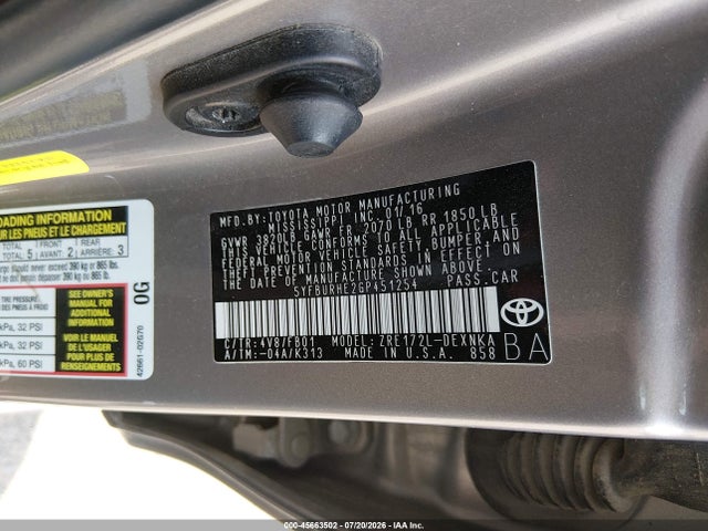 Aukcja sprzedaży 2016 Toyota Corolla Le, vin: 5YFBURHE2GP451254, numer aukcji: 45663502