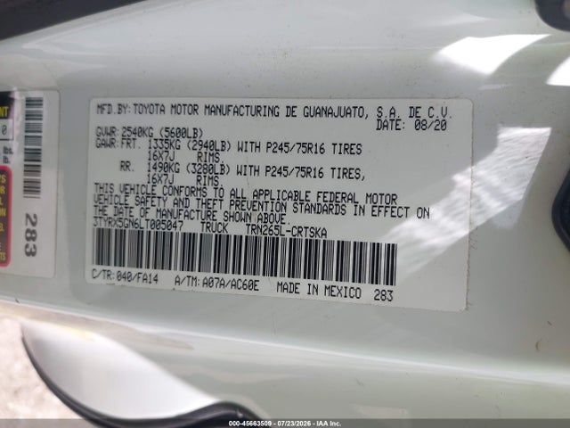 2020 Toyota Tacoma Sr მანქანა იყიდება აუქციონზე, vin: 3TYRX5GN6LT005047, აუქციონის ნომერი: 45663509
