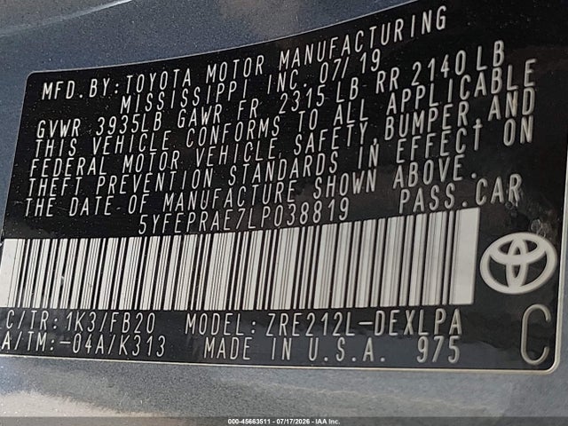 45663511 :رقم المزاد ، 5YFEPRAE7LP038819 vin ، 2020 Toyota Corolla Le مزاد بيع