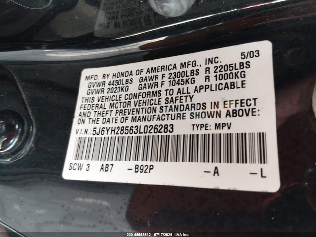 Продаж на аукціоні авто 2003 Honda Element Ex, vin: 5J6YH28563L026283, номер лоту: 45663512