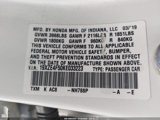 Honda INSIGHT EX 2019 19XZE4F50KE033223 Image 9