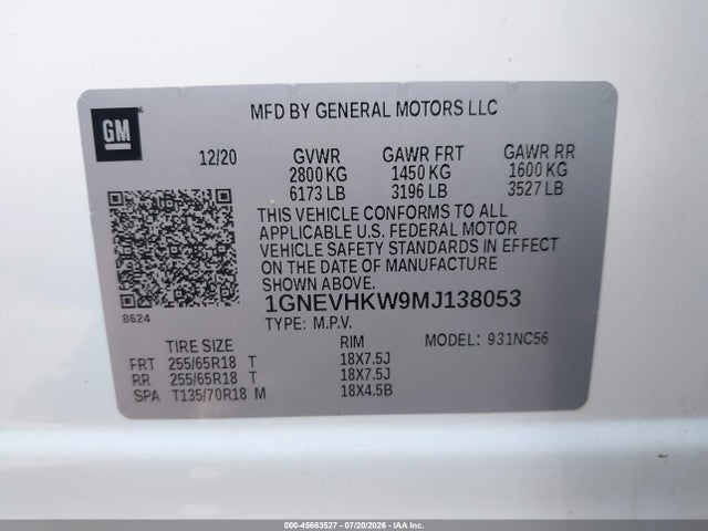 Aukcja sprzedaży 2021 Chevrolet Traverse Awd Lt Leather, vin: 1GNEVHKW9MJ138053, numer aukcji: 45663527