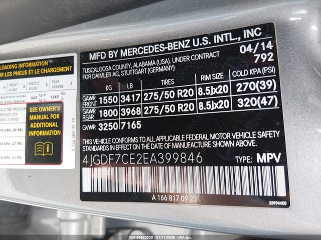 45663530 :رقم المزاد ، 4JGDF7CE2EA399846 vin ، 2014 Mercedes-benz Gl 450 4matic مزاد بيع