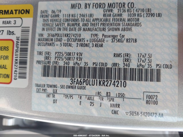 Ford Fusion Hybrid Se 2019 3FA6P0LU1KR274210 Image 9