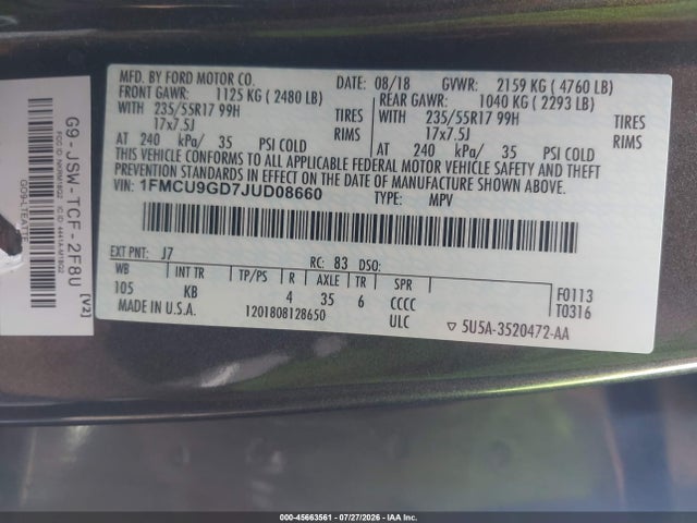 Ford ESCAPE SE 2018 1FMCU9GD7JUD08660 Image 9