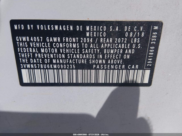 Aukcja sprzedaży 2019 Volkswagen Jetta 1.4t S, vin: 3VWN57BU6KM090235, numer aukcji: 45663566