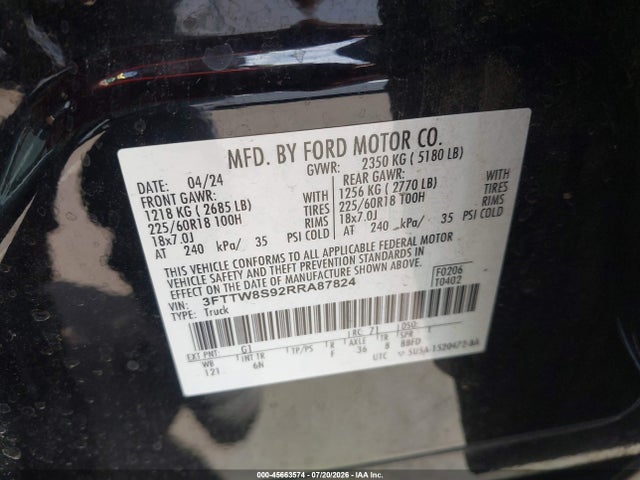 2024 Ford Maverick Lariat მანქანა იყიდება აუქციონზე, vin: 3FTTW8S92RRA87824, აუქციონის ნომერი: 45663574