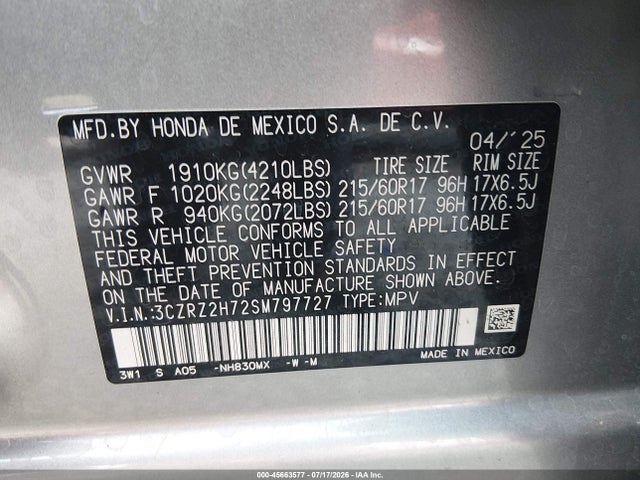 3CZRZ2H72SM797727 Honda Hr-v Awd Ex-l