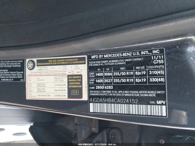 Продаж на аукціоні авто 2012 Mercedes-benz Ml 350 4matic, vin: 4JGDA5HB4CA024152, номер лоту: 45663581