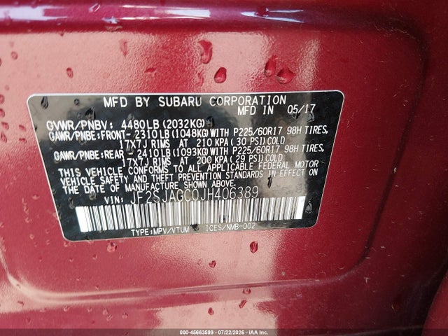 45663599 :رقم المزاد ، JF2SJAGC0JH406389 vin ، 2018 Subaru Forester 2.5i Premium مزاد بيع