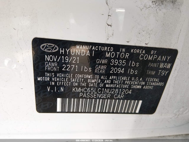 Продаж на аукціоні авто 2022 Hyundai Ioniq Hybrid Blue, vin: KMHC65LC1NU281204, номер лоту: 45663601