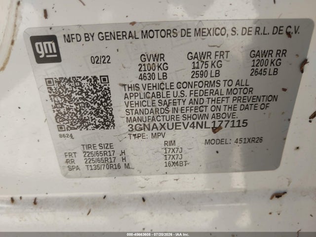 Aukcja sprzedaży 2022 Chevrolet Equinox Awd Lt, vin: 3GNAXUEV4NL177115, numer aukcji: 45663608
