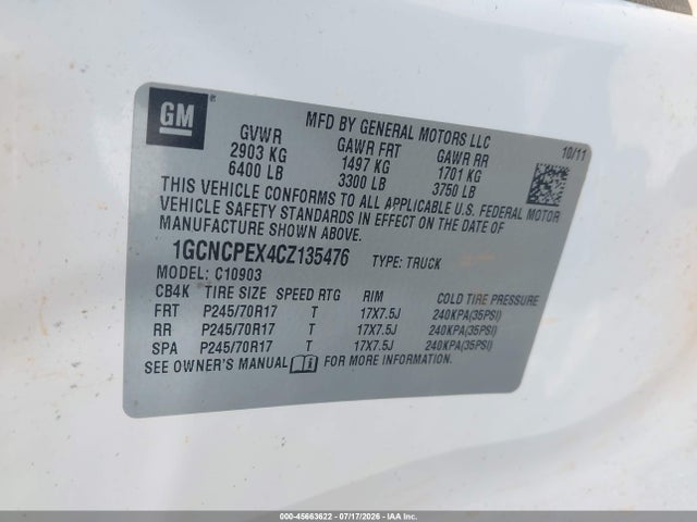 Aukcja sprzedaży 2012 Chevrolet Silverado 1500 Work Truck, vin: 1GCNCPEX4CZ135476, numer aukcji: 45663622