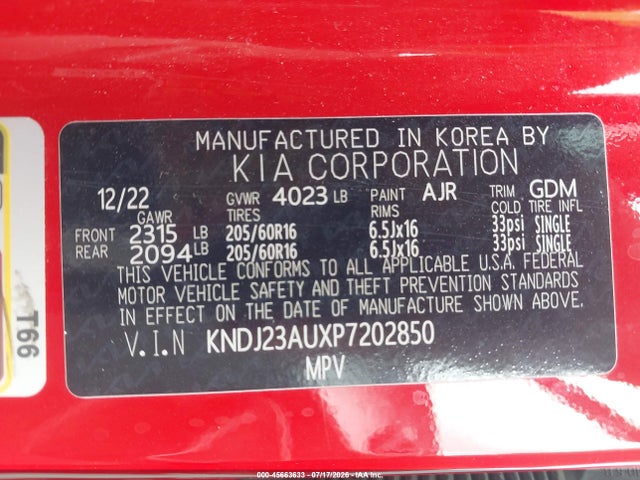 2023 Kia Soul Lx მანქანა იყიდება აუქციონზე, vin: KNDJ23AUXP7202850, აუქციონის ნომერი: 45663633