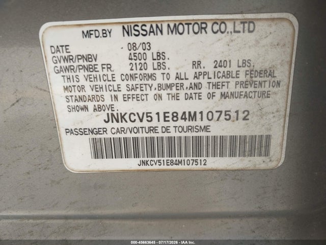 Aukcja sprzedaży 2004 Infiniti G35, vin: JNKCV51E84M107512, numer aukcji: 45663645
