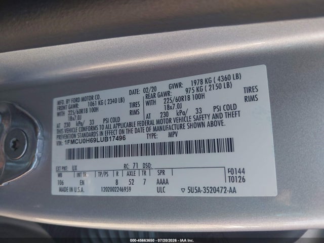 2020 Ford Escape Sel მანქანა იყიდება აუქციონზე, vin: 1FMCU0H69LUB17496, აუქციონის ნომერი: 45663650