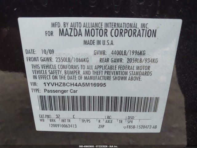 Продажа на аукционе авто 2010 Mazda Mazda6 I Touring Plus, vin: 1YVHZ8CH4A5M16995, номер лота: 45663658