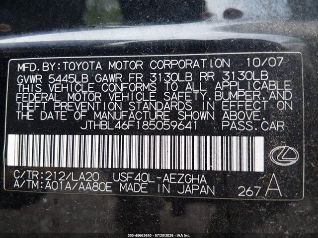 45663680 :رقم المزاد ، JTHBL46F185059641 vin ، 2008 Lexus Ls 460 مزاد بيع