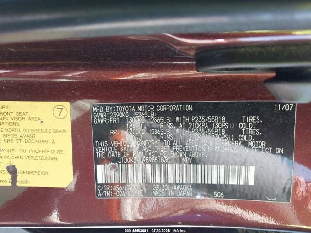 Aukcja sprzedaży 2008 Lexus Rx 350, vin: JTJGK31U989851830, numer aukcji: 45663681