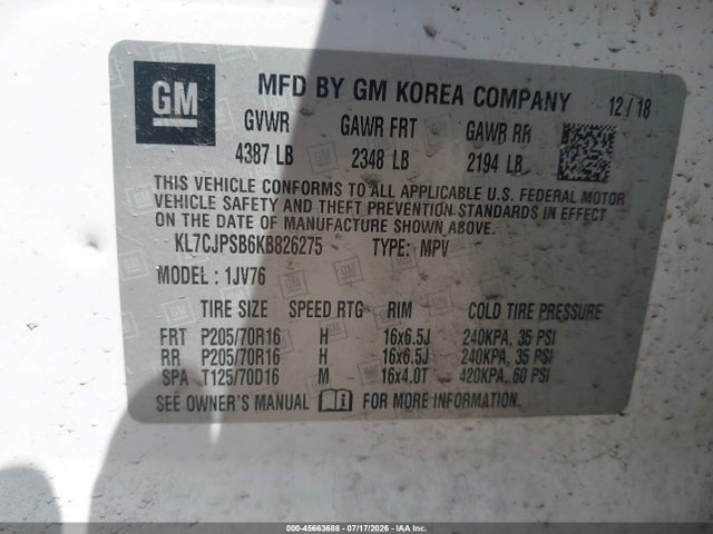 45663688 :رقم المزاد ، KL7CJPSB6KB826275 vin ، 2019 Chevrolet Trax Lt مزاد بيع