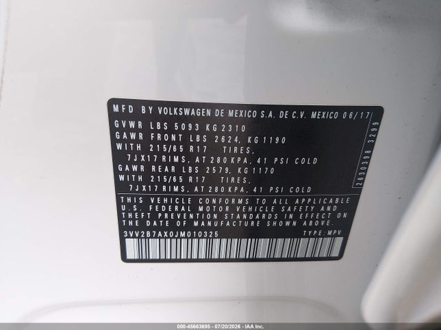 45663695 :رقم المزاد ، 3VV2B7AX0JM010325 vin ، 2018 Volkswagen Tiguan 2.0t Se/2.0t Sel مزاد بيع