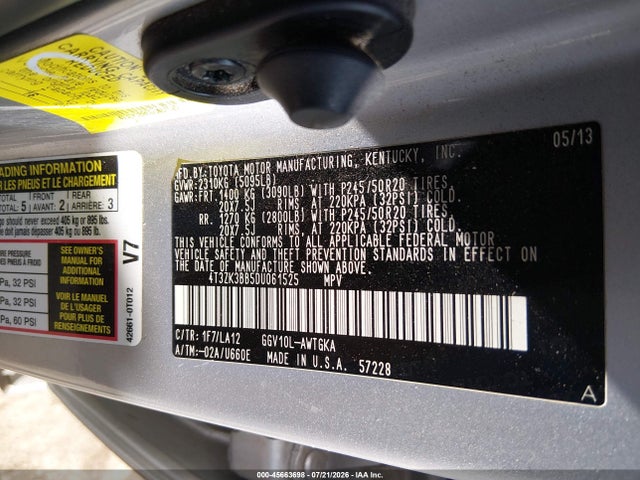 45663698 :رقم المزاد ، 4T3ZK3BB5DU061525 vin ، 2013 Toyota Venza Xle V6 مزاد بيع