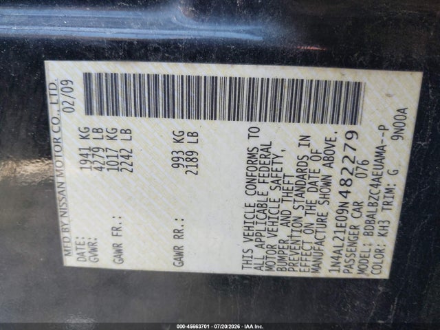 2009 Nissan Altima 2.5 S მანქანა იყიდება აუქციონზე, vin: 1N4AL21E09N482279, აუქციონის ნომერი: 45663701