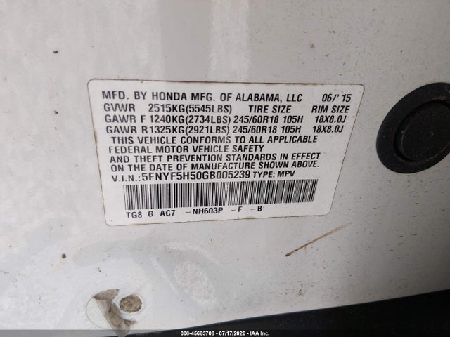 Aukcja sprzedaży 2016 Honda Pilot Ex-l, vin: 5FNYF5H50GB005239, numer aukcji: 45663708