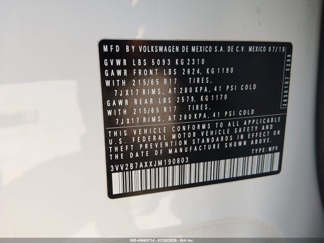 2018 Volkswagen Tiguan 2.0t Se/2.0t Sel მანქანა იყიდება აუქციონზე, vin: 3VV2B7AXXJM190803, აუქციონის ნომერი: 45663714