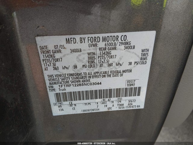 45663729 :رقم المزاد ، 1FTRF12285NC03044 vin ، 2005 Ford F-150 Stx/xl/xlt مزاد بيع