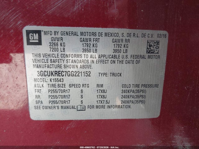 2016 Chevrolet Silverado 1500 Lt მანქანა იყიდება აუქციონზე, vin: 3GCUKREC7GG221152, აუქციონის ნომერი: 45663762