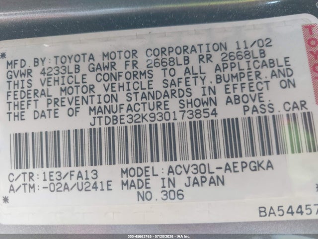 Продажа на аукционе авто 2003 Toyota Camry Xle, vin: JTDBE32K930173854, номер лота: 45663765