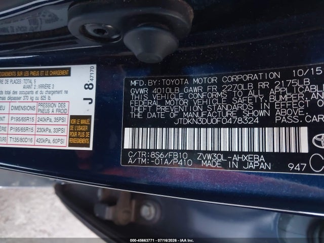 JTDKN3DU0F0478324 Toyota Prius Two