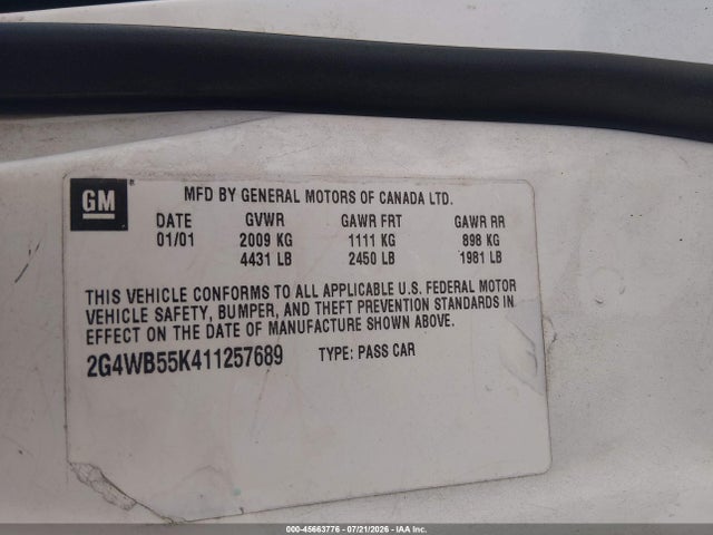 Продаж на аукціоні авто 2001 Buick Regal Ls, vin: 2G4WB55K411257689, номер лоту: 45663776