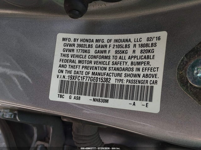Aukcja sprzedaży 2016 Honda Civic Ex-l, vin: 19XFC1F77GE015382, numer aukcji: 45663777