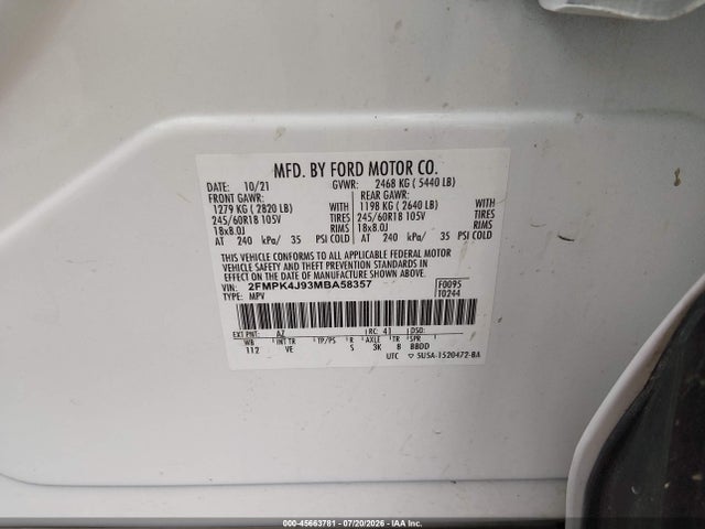 45663781 :رقم المزاد ، 2FMPK4J93MBA58357 vin ، 2021 Ford Edge Sel مزاد بيع