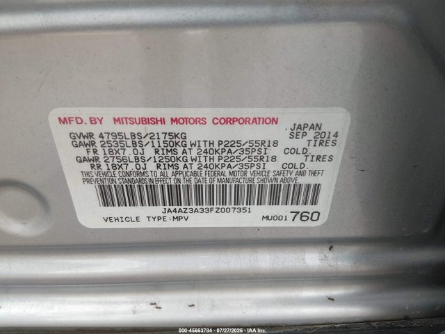 Продаж на аукціоні авто 2015 Mitsubishi Outlander Se, vin: JA4AZ3A33FZ007351, номер лоту: 45663784