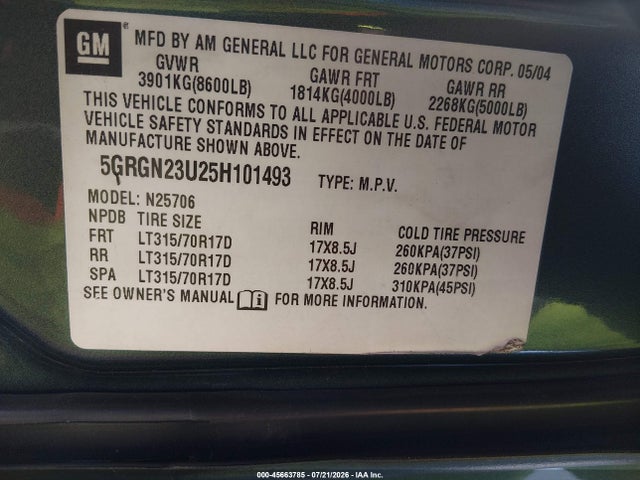 45663785 :رقم المزاد ، 5GRGN23U25H101493 vin ، 2005 Hummer H2 Suv مزاد بيع