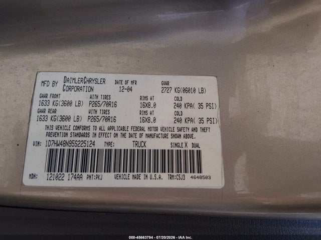 Aukcja sprzedaży 2005 Dodge Dakota Slt, vin: 1D7HW48N95S225124, numer aukcji: 45663794