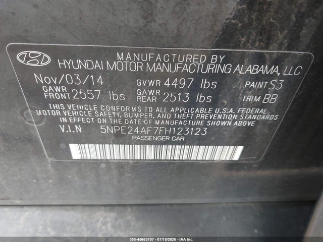 Auction sale of the 2015 Hyundai Sonata Se, vin: 5NPE24AF7FH123123, lot number: 45663797